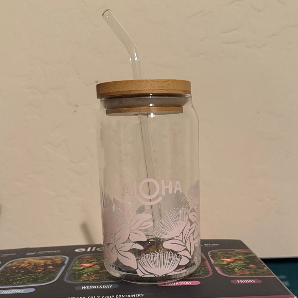 ALOHAS Floral Glass Tumbler with Bamboo Lid and Straw